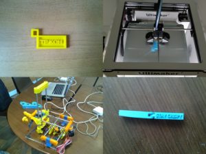 MAKING session, clockwise from top-left: 1. My name sign accessory ; 2. Ultimaker2 printing a name sign; 3. Clip for sealing opened food packaging; 4. 3D printer (in-progress) created using Ultimaker2.